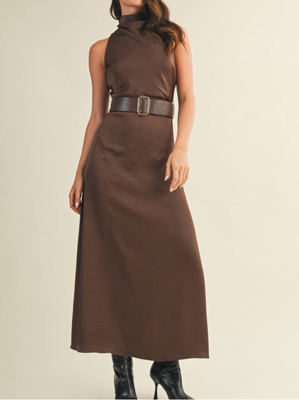 Brown Satin Maxi Dress with Belt